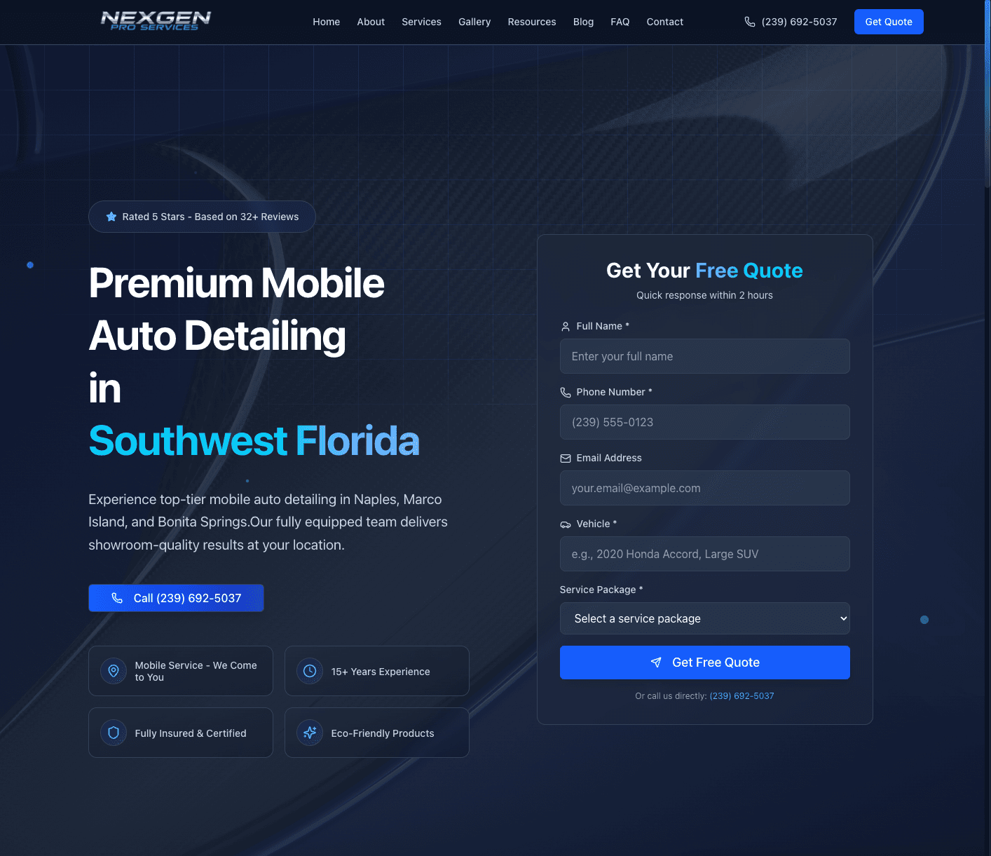 NexGen Auto - Mobile Auto Detailing Services - Website Development project showcasing Next.js, Aceternity UI, Tailwind CSS